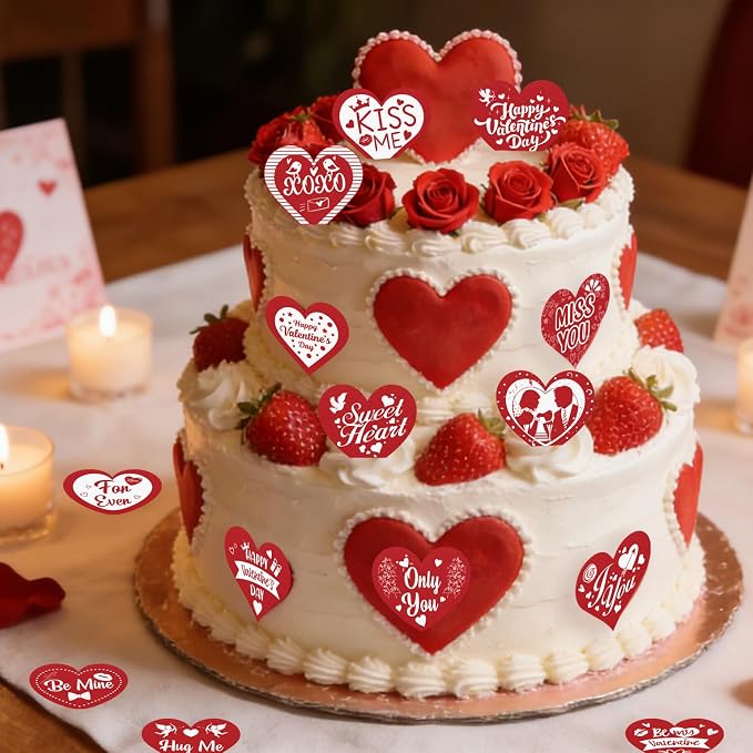 70PCS Edible Heart Cupcake Toppers Wafer Paper Red Sweet Love Be Mine Kiss Me Heart Cupcake Picks Valentine’s Cake Decor for Valentine's Day Theme Wedding Party Supplies