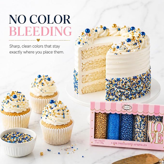 Confect Edible Sprinkles – Marine Royalty Theme – Assorted Pack with Navy Blue & Champagne Gold Dragees, Gold Jimmies & Bright Blue Sparkling Sugar – Sprinkles for Cake Decorating- Vegan, Gluten-Free, Nut-Free, Soy-Free, Dairy-Free, Palm Oil-Free-5 Oz