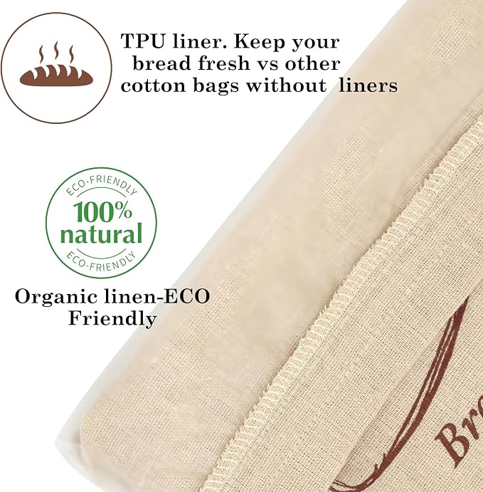 2 Pack Reusable Linen Bread Storage Bags with Plastic Lining, Sourdough Bread Keeper for Home Bakers, 12x15 Inch (1 pattern)