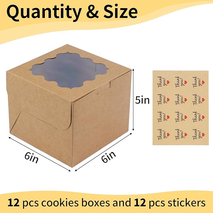 WINKIO 12 Pieces Cookie Boxes with Window, Treat Boxes for Bakery Dessert Pastry Mini Cake Favor Donut Baked Goods (with Stickers) (brown, 6×6×5 inches)