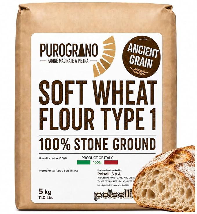 POLSELLI PuroGrano, 100% Stone Ground, Type 1 Soft Wheat Flour, 5 kg | Ancient Italian Grain For Sourdough Bread And Artisan Baking, Unbleached, Unbromated, No Additives, Product Of Italy.