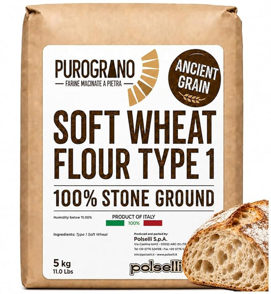 POLSELLI PuroGrano, 100% Stone Ground, Type 1 Soft Wheat Flour, 5 kg | Ancient Italian Grain For Sourdough Bread And Artisan Baking, Unbleached, Unbromated, No Additives, Product Of Italy.