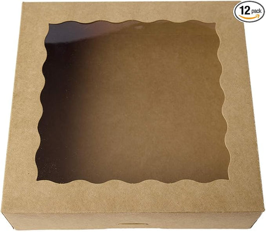 ONE MORE 12inch Kraft Bakery Cookie Boxes, 12x12x2.5inch Large Pie Boxes with PVC Window Natural Disposable Box for Cookie, Pack of 12