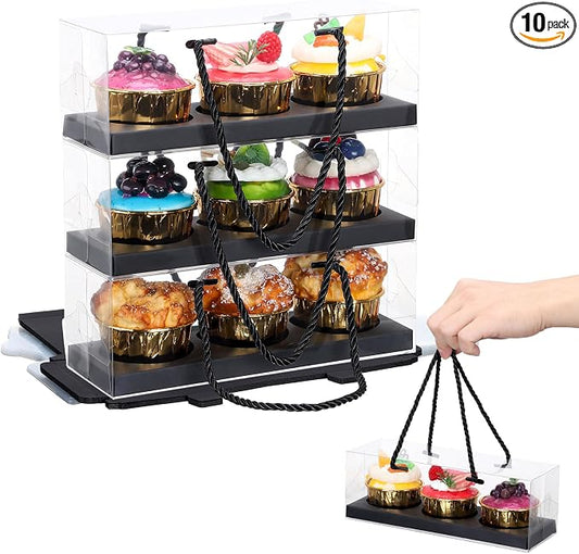 EUSOAR Black Cupcake Boxes, 10 Pcs 9"x3"x3" Rectangular Cookies Containers 3 Compartments with Gift Rope Handle, Clear Portable Dessert Pastry Carriers Display for Wedding Party Favor Bakery Decor