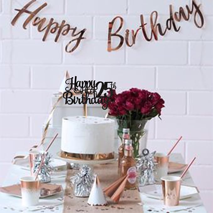 1 PCS Happy 25th Birthday Cake Topper Glitter Cheers to 25 Years Birthday Cake Pick 25 Fabulous Cake Decoration for Happy 25th Birthday Theme Party Decorations Supplies Black