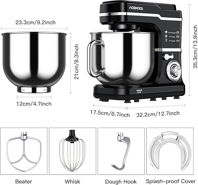 Acekool Stand Mixer 660W 10-Speed 7.5 Qt Tilt-Head Food Mixers, Kitchen Electric Mixer with Stainless Steel Bowl,Dough Hook,Whisk, Beater, Splash Guard, Black, Large, MK-5101