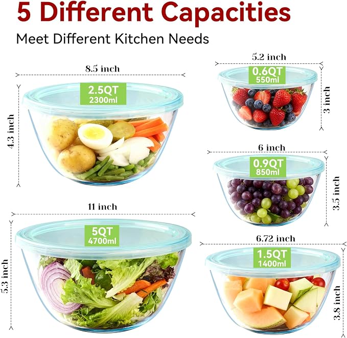 YUANYE 5 Pack Glass Mixing Bowls with Lids Set (5QT/2.5/1.5/0.9/0.6QT), Thick Glass Large Salad Bowl Set, Nesting Kitchen Bowls for Serving,Prepping,Cooking and Baking,Dishwasher,Oven,Microwave Safe