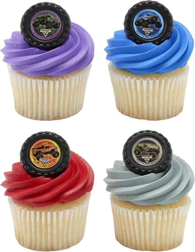 Monster Jam Rings, 24 Monster Truck Cupcake Toppers, Bright Colorful Truck Tire Cupcake Decorations, Food Safe - 24 Pack