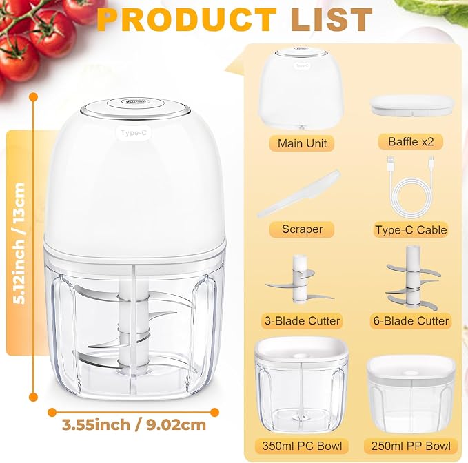 Portable Electric Garlic Chopper, 2 Bowls(1 Cup&1.5 Cup) Cordless Mini Food Processor【Up-Durable Motor】【2 Sets 304 Stainless Steel Blade】Grind for Garlic,Onion,Meat,Baby Food,BPA FREE (White)
