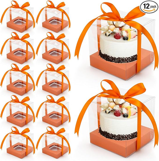 12 Pack Clear Plastic Cupcake Boxes, 3.5 Inch Gold Single Cupcake Containers Disposable Individual Cup Cake Carrier Holder Boxes with Inserts and Ribbon (Orange)