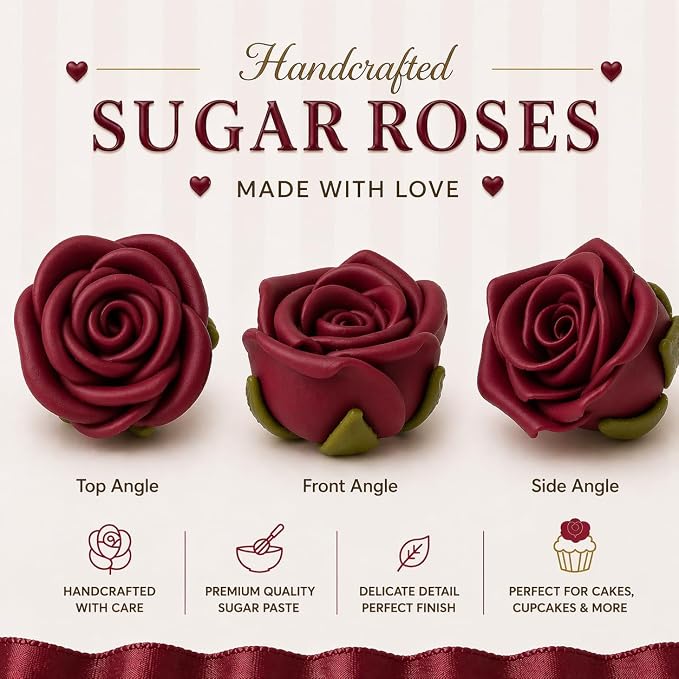 Confect Edible Deep Burgundy Rose Toppers – Edible Roses for Cake & Cupcake Decorations, Perfect for Weddings & Special Occasions- Vegan, Gluten-Free, Dairy-Free, Palm Oil-Free - Pack of 12