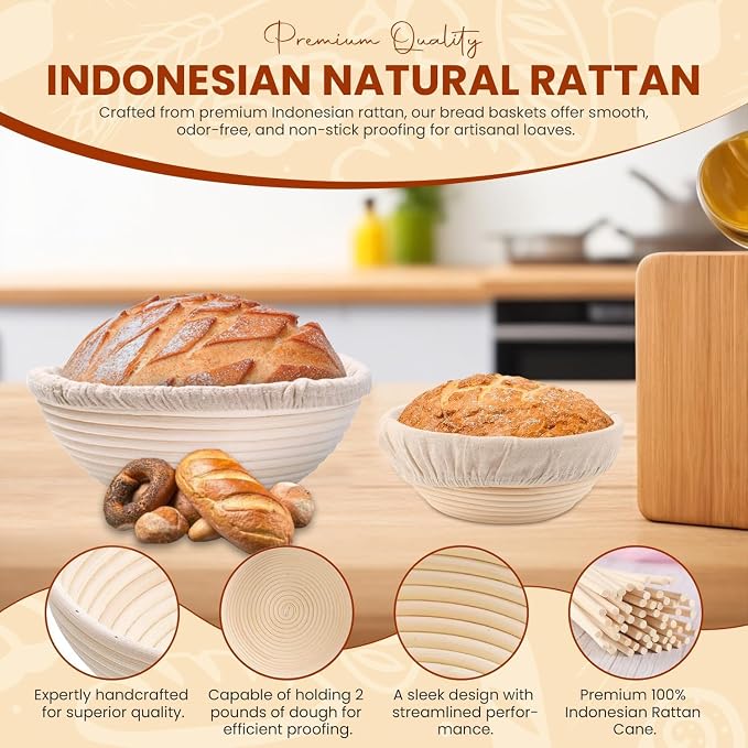 Banneton Bread Proofing Basket, 2 Pack 9-Inch Round Sourdough Proofing Baskets With Linen Liner for Bread Baking, Round Rattan Dough Rising Bowl for Homemade Artisan Loaves