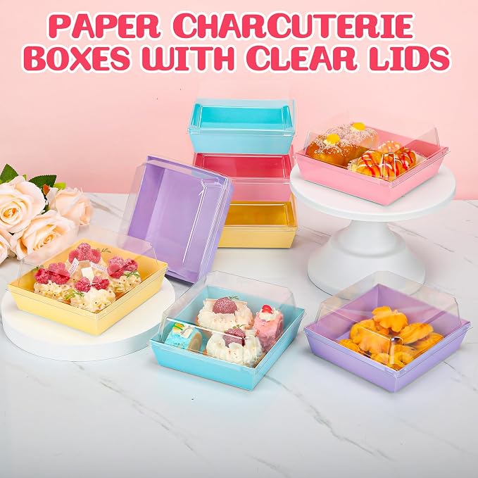 Vesici 48 Pcs 5 Inch Small Charcuterie Boxes with Clear Lids Cake Slice Containers Paper Bakery Boxes Disposable Food Containers for Dessert Cookie Sandwich Mini Cake Strawberry