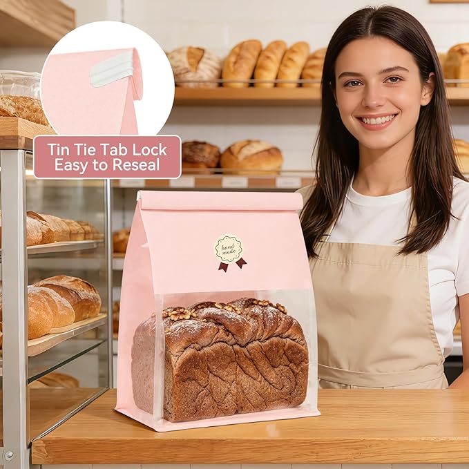100 Bread Bags with Tabs for Homemade Sourdough Bread, 8.7x4.3x11 Inches Pink Bakery Storage Bags with Window/Ties, Large Bakery Loaf Bag for Baked Goods Packaging