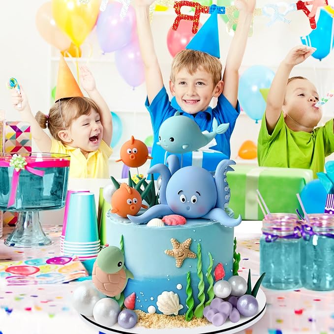 17 PCS Under the Sea Cake Decorations Ocean Animals Cake Topper with Cake Balls Decorations for Under the Sea Theme Boys Girls Baby Shower Birthday Party Supplies