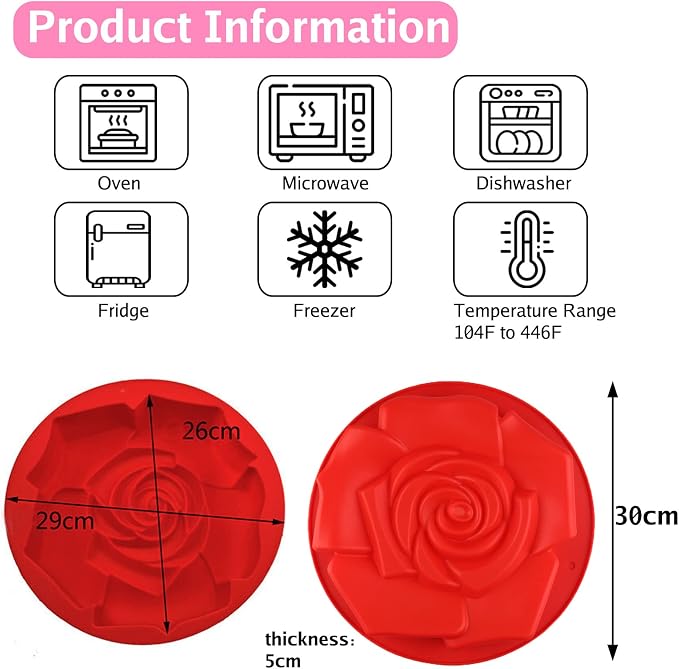 Joyeee 11.8'' Rose Flower Cake Mold Pan, Silicone Baking Mold for Birthday Cake, Muffin, Bread, Pie, Flan, Tart, Mousse, Cheesecake - Non-Stick Baking Trays - Great For Parties, Holidays