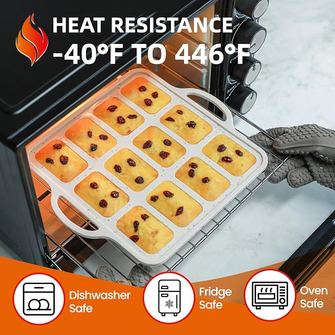 FUNBAKY Silicone Mini Loaf Pans with Metal Reinforced Frame,12-Cavity Nonstick Mini bread loaf pans for Baking Cornbread,Bread,Brownie,Cheesecake -1Pc