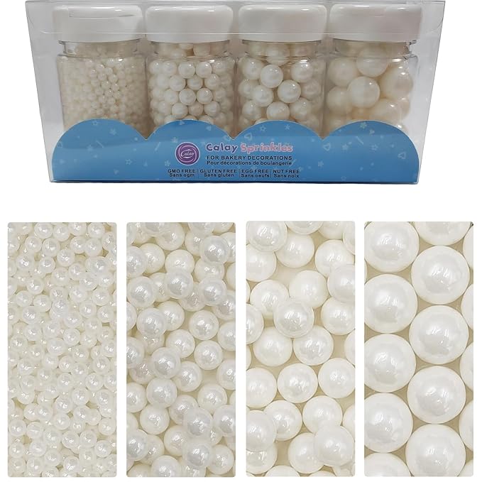 White Pearl Sprinkles, 11.4 Ounces Edible Pearls for Cake Decorating, 4 Sizes Sugar Pearls Set for Baking Decorations, Cupcake Cookie Topper and Wedding Party Supplies