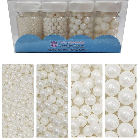 White Pearl Sprinkles, 11.4 Ounces Edible Pearls for Cake Decorating, 4 Sizes Sugar Pearls Set for Baking Decorations, Cupcake Cookie Topper and Wedding Party Supplies