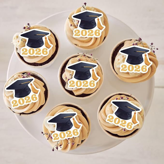 42pcs Edible Graduation Cap Cupcake Toppers Wafer Paper Gold Class of 2026 Cake Decorations Edible Grad Cap Cupcake Picks for 2026 Graduation Theme Party Cake Decor Supplies