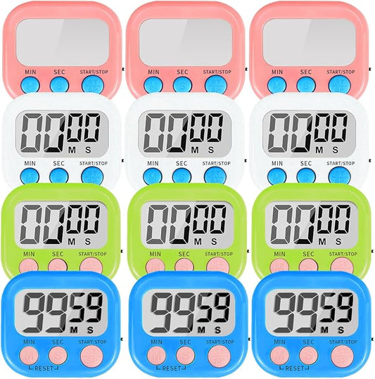 12 Pack Multi-Function Digital Timers, Magnetic Large LCD Display Loud Alarm Countdown Timers, Extensively Use in Classroom, Break Time, Gym, Meeting, Cooking