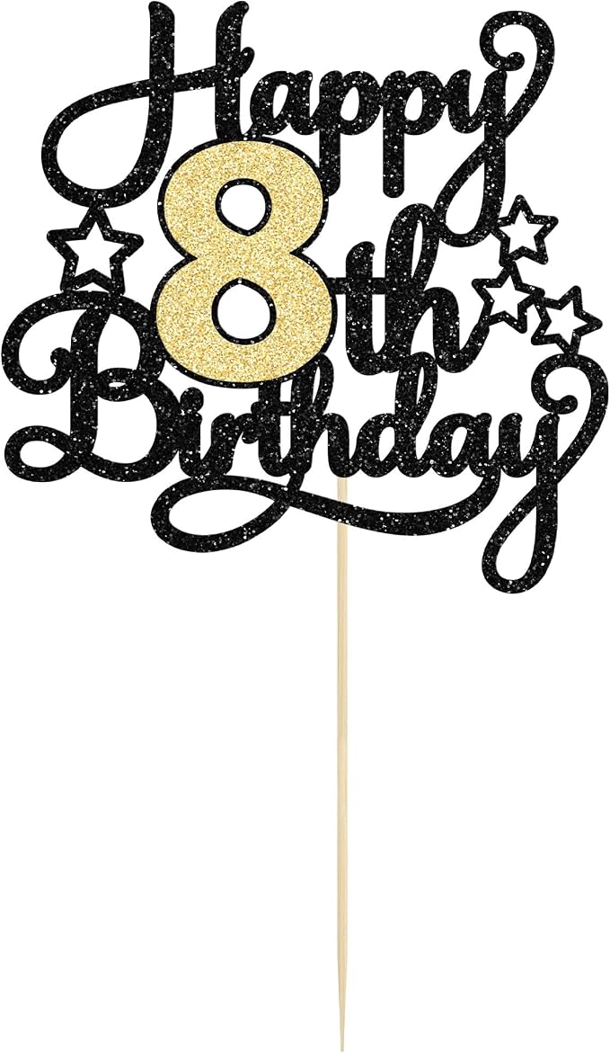 1Pc 8th Happy Birthday Cake Topper Glitter Cheers to 8 Years Cake Pick Decoration for 8th Birthday Party Supplies Black Gold