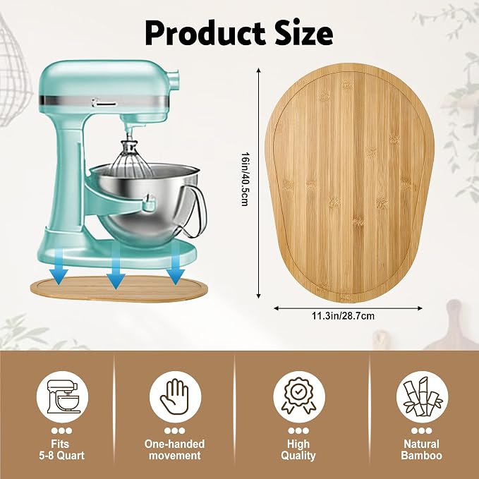 Mixer Slider Mat for KitchenAid 5-8 Qt Bowl Lift Stand Mixers, Bamboo Moving Tray Storage Organizer for Kitchen Countertop Accessories and Attachments (Bamboo, 5-8 Qt)