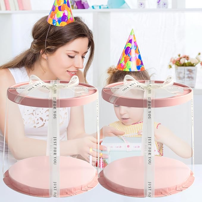 JCD 6Pcs 8.5 * 9.5inch Round clear cake boxes with Ribbon,Ideal for 7inch and 6inch Tall Layer Tiered Cakes,Multi-Layer cake boxes for Christmas Bakery Treat (Pink, Round 8.5inch/6pcs)