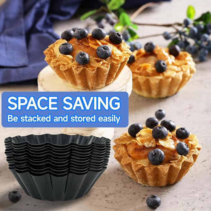 12PCS Egg Tart Molds, 3-Inch Non Stick Mini Tart Pans with Silicone Basting Pastry Brush, Fluted Mini Pie Pans for Baking