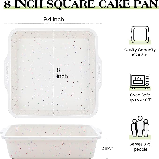 8x8 inch Silicone Square Cake Pan with Metal Reinforced Frame, Nonstick Brownie Pan for Baking, BPA Free Set of 2 (Cream)