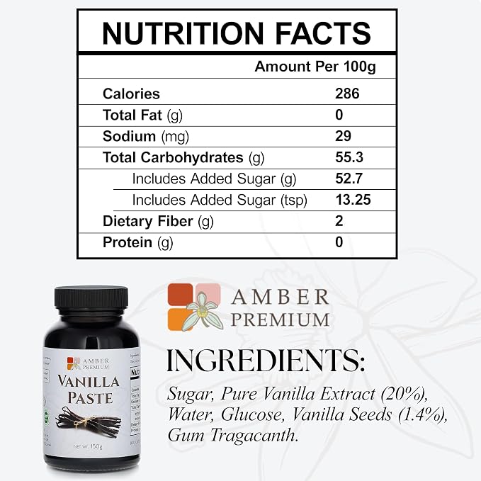 Amber Premium Pure Vanilla Bean Paste 150g / 4 fl oz (US) - Made with Authentic Madagascar Vanilla Extract - Vegan, Kosher, Chef Recommended for Baking, Desserts, and Pastries