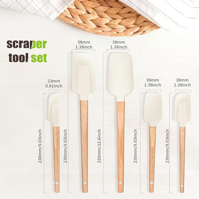 Silicone Spatula Set 5-Piece, Food Grade Heat Resistant 600°F, Wooden Handle Kitchen Utensils for Non-Stick Cookware, BPA Free Baking & Cooking Scraper Set (White)