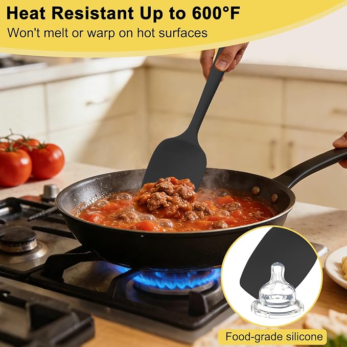 Silicone Spatula Set, 11.4 in, 600°F Heat Resistant (Black) | Food Grade Rubber, BPA Free, Stainless Steel Core, Flexible for Cooking, Baking, Mixing, Seamless, Nonstick & Dishwasher Safe