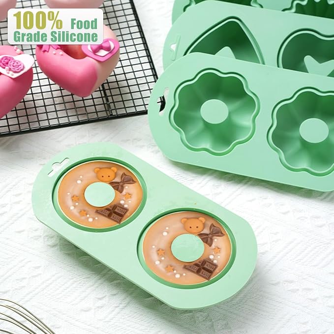 QELEG 2 Pack Silicone Donut Pan, 2-Cavity Fluted Tube Cake Pan Non-stick Silicone Baking Mold for Donuts, Cornbread, Brownies, Bagel, mousse, madeline, Green 2Pcs/2-Cavity, round