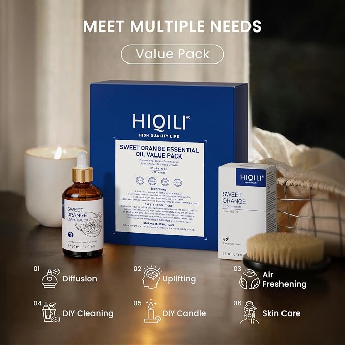 HIQILI Sweet Orange Essential Oil Set-1 fl oz (12 Pack) | Bulk Wholesale for Business, Air Freshening & Space Cleaning, DIY & Skin Care, for Hotel, DIY Studio, Gift & Household Stock