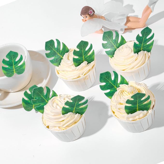 YOcity 48Pcs Edible Tropical Plam Leaves Cake Toppers Wafer Paper Tropical Palm Leaves Cupcake Toppers for Hawaii Theme Jungle Summer Party Birthday Wedding Baby Shower Cake Decoration
