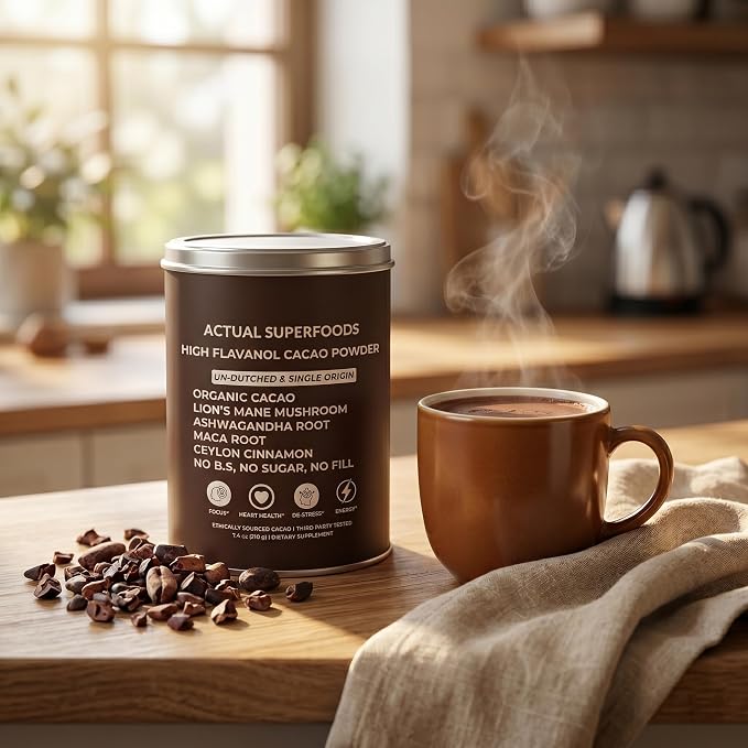 High Flavanol Cacao Powder Blend - Flavanols & Flavanoids - Organic Coffee Alternative with Lions Mane, Ashwagandha, Maca & Ceylon Cinnamon - 7.4 ounces - Morning Focus & Energy Ritual