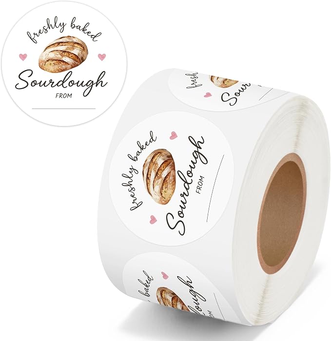 PANTIDE Freshly Baked Sourdough Labels Stickers - 500 Count Baked with Love Bakery Bread Adhesive Round Decal Roll, for Homemade Bread Bakery Small Business Sealing Food Packaging (2 x 2 Inch, White)