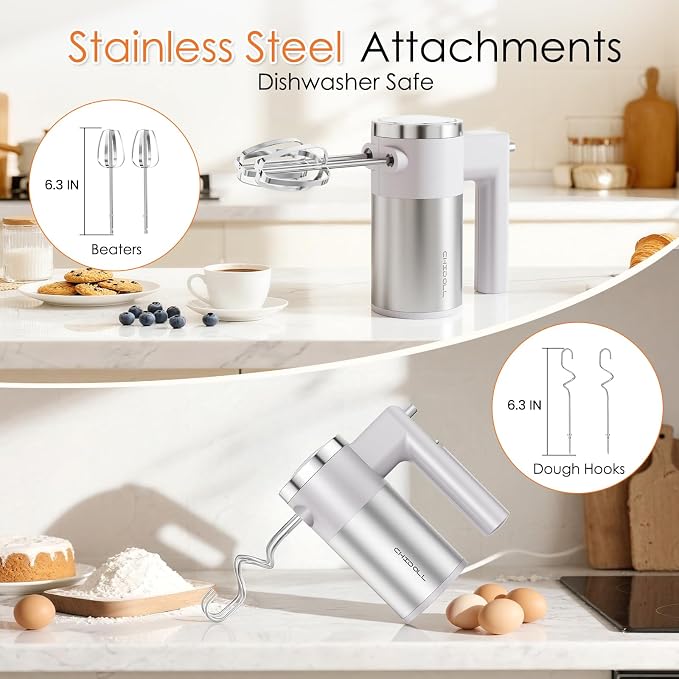 CHIDOLL 600W Hand Mixer, 5-Speed Electric Hand Held Mixer for Baking, Lightweight Stainless Steel Hand Beaters *2 & Dough Hooks*2 with Eject Button, Kitchen Mixer for Cream, Cookies, Dough