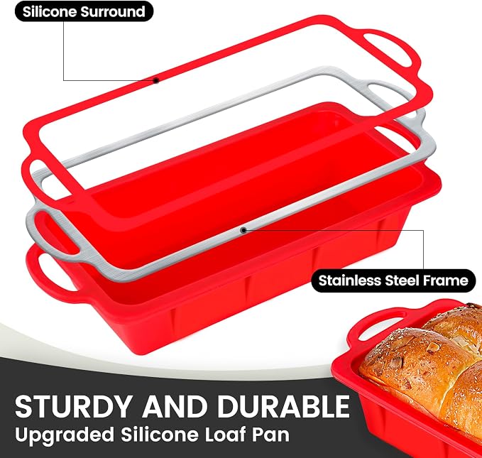 Vinino 2 Pack XLarge Nonstick Silicone Loaf Pans 12.5x5.5'' for Baking | 2 Extra-Large Pans for Baking Long Loaves, Paired Meatloaves & Pound Cake Batches, Red