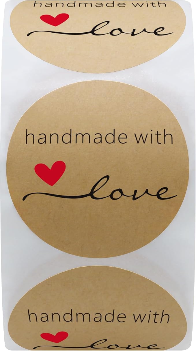 Hybsk Kraft Handmade with Love Stickers 1.5" Inch Round Total 500 Adhesive Labels Per Roll (Kraft)