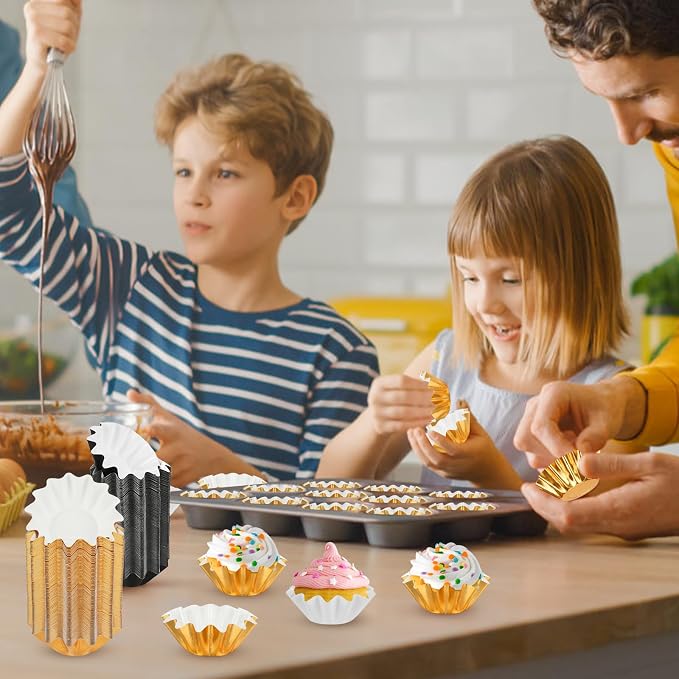 200 PCS Baking Cups Cupcake Liner Flared Muffin Wrappers (Gold+White) | Standard Greaseproof Coated Brioche Paper Cup for Wedding Birthday Holiday Party or Baby Shower
