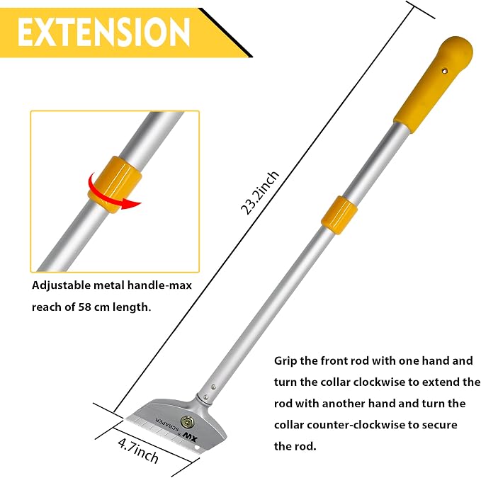 XW Razor Blade Scraper with Adjustable Handle, 23" Long Handle Heavy Duty Floor Scraper, Extra 10 PCS Blades Included
