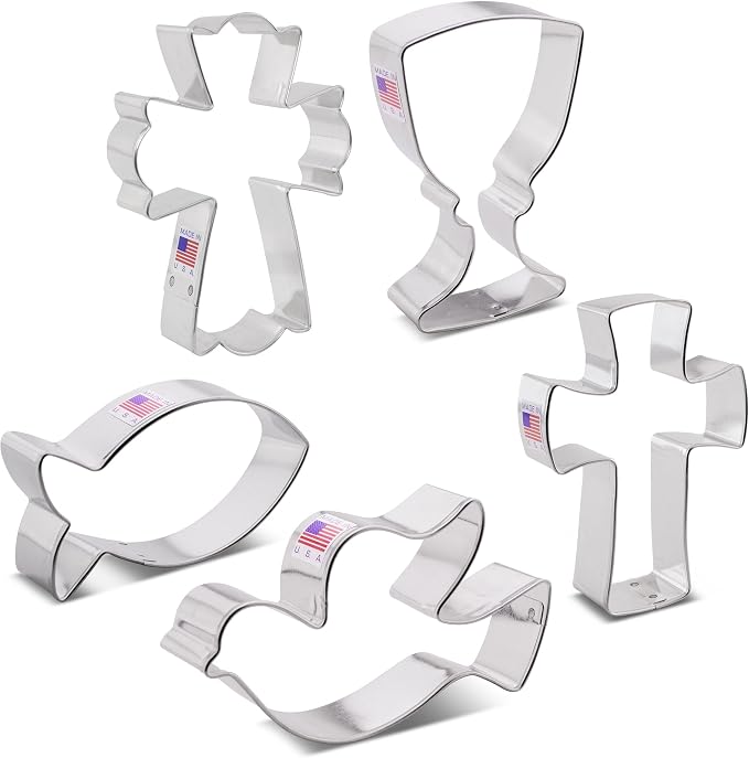 Communion Baptism Confirmation Easter Cookie Cutters 5-Pc. Set Made in the USA by Ann Clark, Chalice, Jesus Fish, Holy Cross, Dove, Fancy Cross