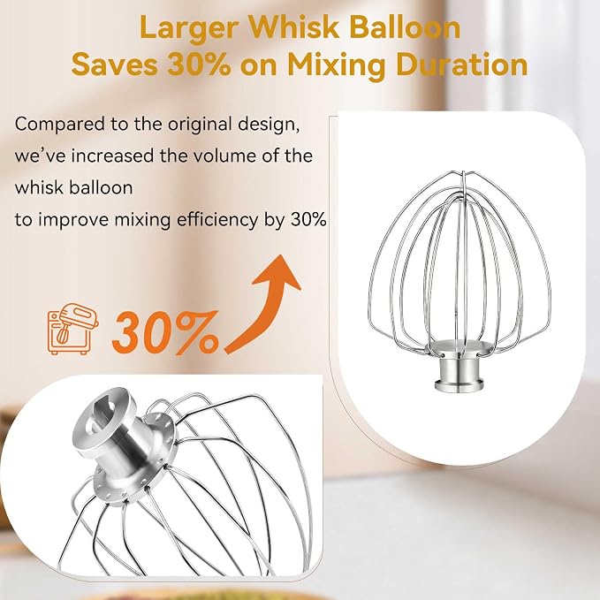 K45WW Whisk Attachment for 4.5 5 QT KitchenAid Tilt-Head Stand Mixer, 6 Wire Whip Compatible with Kitchen Aid accessories，Holeless Hub Design, 30% Faster Mixing, Dishwasher Safe