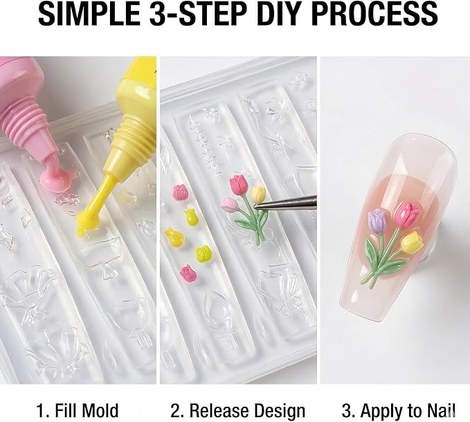 Tulip Flower Nail Art Silicone Mold, 3D Bouquet & Floral Stem Nail Charms Mold, Flexible Reusable Silicone Mold for Acrylic Gel Resin Nail Decoration, DIY Nail Accessories