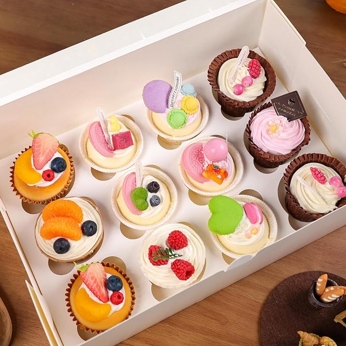 NPLUX 12 Pack Cupcake Boxes, 12 Count Cupcake Containers with Window and Cardboard, Food Grade Cupcake Carrier For Muffins Cupcakes Desserts (White 13.8×9.5×4 In)