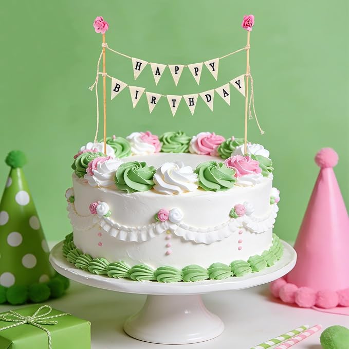 Happy Birthday Cake Bunting Topper Garland, Handmade Birthday Cake Pennant Banner Flags with Wooden Pole & Pink Flower Party Decoration Supplies