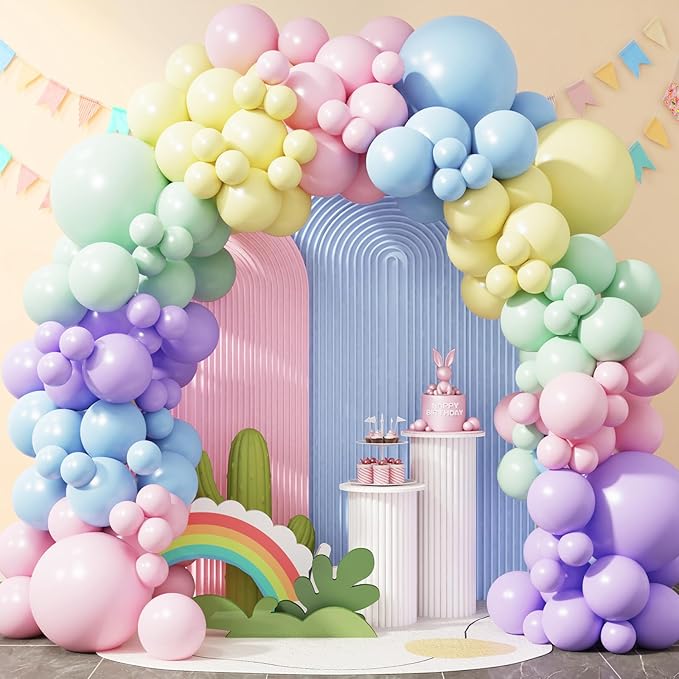 RUBFAC 129pcs Pastel Balloons Different Sizes 18 12 10 5 Inch, Macaron Rainbow Easter Balloon Arch Kit for Baby Shower Birthday Party Gender Reveal Garland Decoration