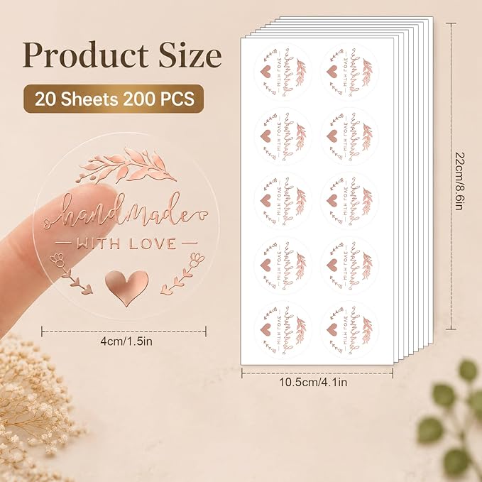 100PCS Handmade with Love Stickers, 1.6" Transparent Rose Gold Foil Labels | Made with Love Stickers for Bakery, Cookies, Boutique, Cake Boxes, Bread, Bakery, Candle, , Small Business